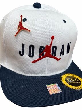 Jordan White Snapback Hat with Navy Brim and Red Jumpman Jordan hat & hat pin